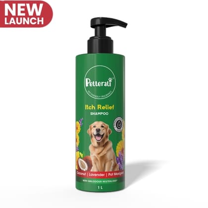 Petterati Itch Relief Dog Shampoo, With Goodness of Coconut, Lavender, Pot Marigold, Shampoo + Conditioner, Dermatologically Tested with Malodour Neutraliser - 1000ml