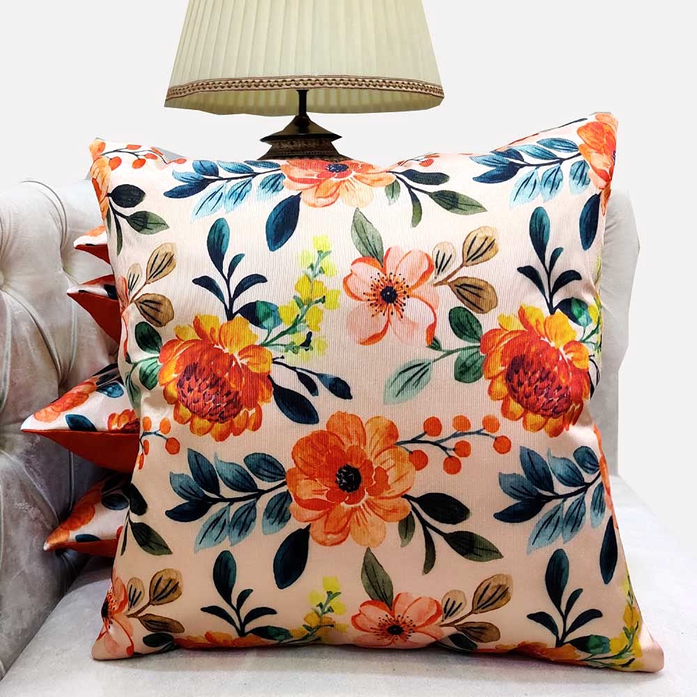 GOODVIBES Peach Multicolor Printed Floral Cushion Covers Zipper Square (16x16 inch or 40 x 40 cm) Set of 5 - Flowers | Buy online on ZillyBuy