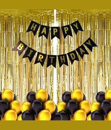 Kiran Enterprises Happy Birthday Banner ( Black ) + 2 Fringe Curtain ( Gold ) + 30 Metallic Balloon ( Black, Gold )