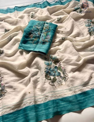 New Function Wear Cotton Linen Fabric Print n Hand Katha Thread With Mirror Work Fancy Designer Saree-Green