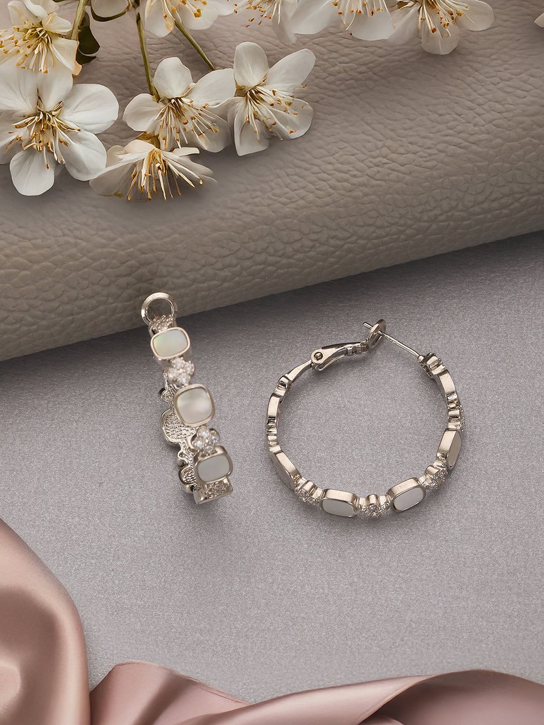 Anti-Tarnish Rhodium Plated Faux Pearl AD Studded hoop Bali Earrings