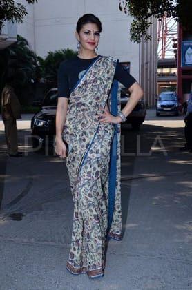 Cream and Blue Color Flowered Party wear Linen Digital Printed Sari 1269