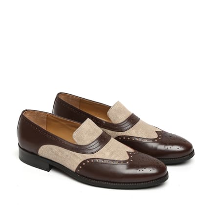 BEIGE JUTE BROWN LEATHER SASSY SLIP-ONS BY BRUNE & BARESKIN-45/11