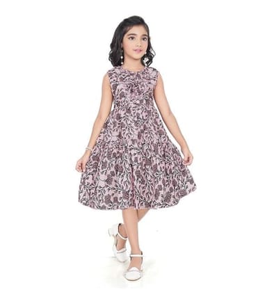 Girl's Digital Slub Printed Sleeve Less Round Neck Dress (Brown, 7-8_Yrs)-PID63828