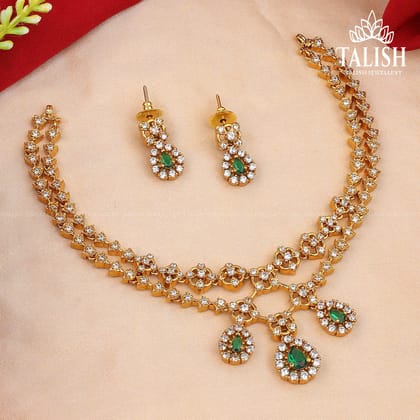 Gold-Plated Layered Necklace Set with Green and White American Diamond Stones