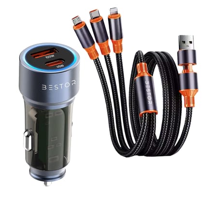 Bestor VoltDrive Pro 145W Car Charger with Dual Output, Type C (45W) PD/PPS, USB Port (100w), BIS Certified, Compatible Smartphones, Laptops Devices Come with 100W USB C Cable Nylon Braided Cord Bestor VoltDrive Pro 145W Car Charger with Dual Output, Typ