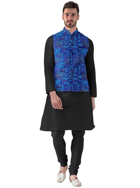 Men's Jacquard Printed Full Sleeve Waistcoat (Blue, 40)-PID53491