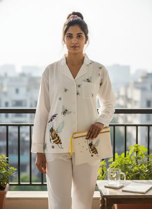 Ivvory Premium Revere Pyjama Set - Honey Bee Motif (Size S) | 100% Cotton Hand Embroidered | Night Suit