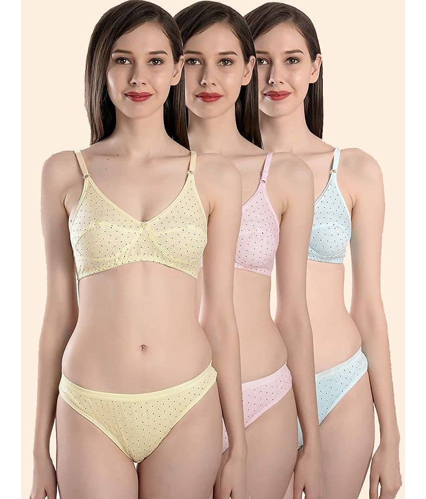 Kiran Enterprises Pack of 3 Cotton Women's Bra & Panty Set ( Multicolor )