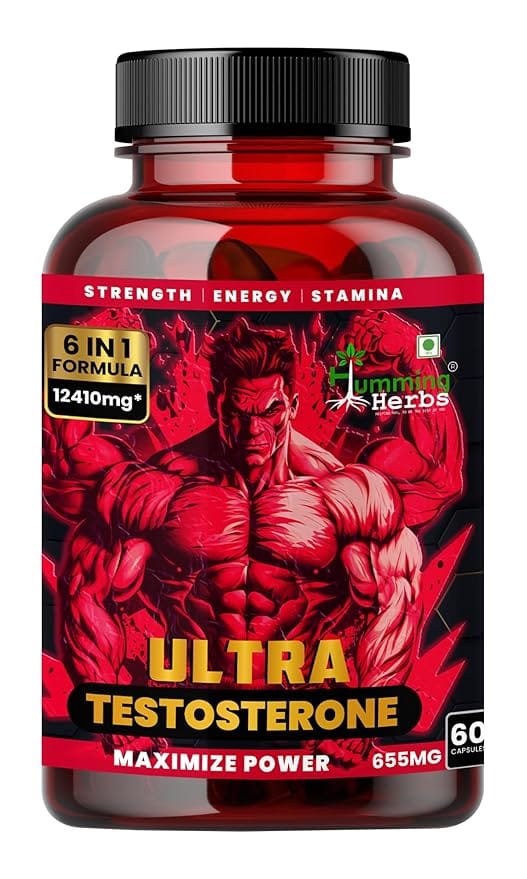 Humming Herbs Ultra Testosterone Booster with Tongkat Ali, Horny Goat Weed, Tribulus, Arginine | 6in1 | 12410 eqv | Boost Muscle Growth, Energy and Performance