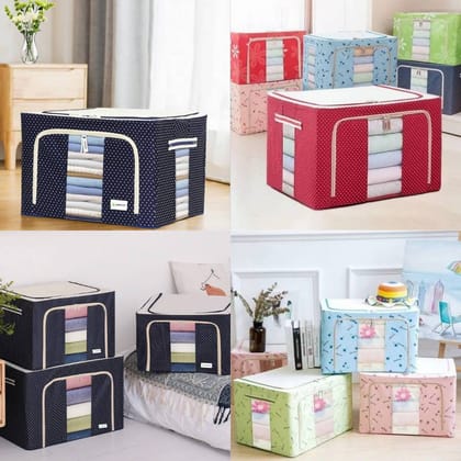 Foldable 66L Cloth Storage Bags Organizer Container | Foldable Metal Frame Basket with Clear Window, Carry Handles & Sturdy Zipper for Closet, Bedding Bag (Alloy Steel ; Metal) (Multicolour) (Any Random Colour)
