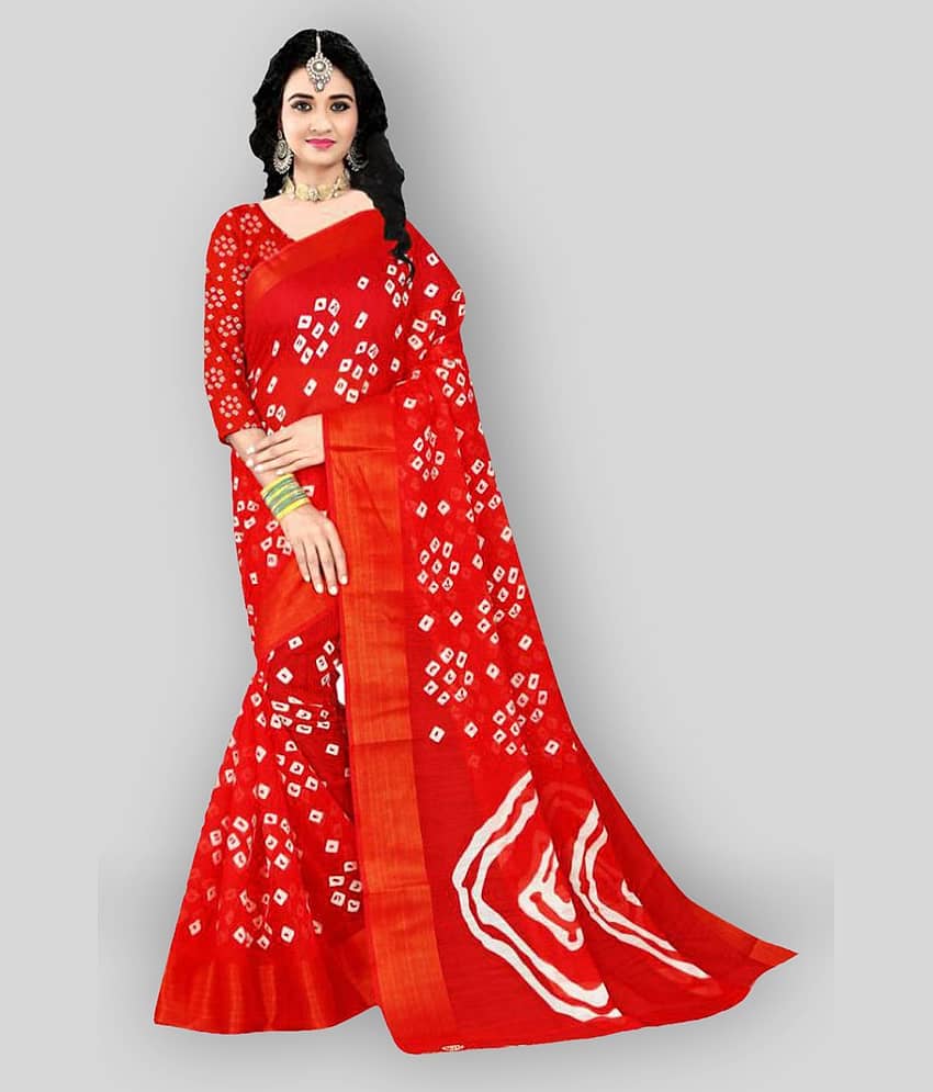 Grubstaker Linen Printed Saree With Unstitched Blouse Piece ( Red )