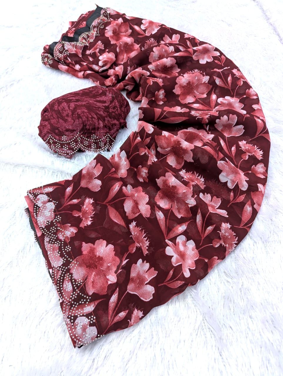 Georgette flower print saree-Swaroski border