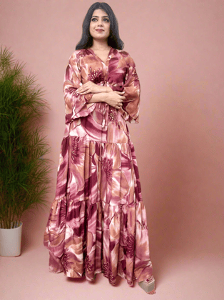 Red Floral Foil Printed Long Dress-M