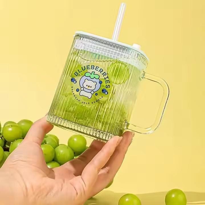 Drinking Glasses 400 ML Coffee Mugs with Handle Lid and Straw Tumbler Travel Sipper Cup for Milk Juice Cocktail Iced Tea Hot Cold Drink Kids Cup (Set of 1) Multi-Colour