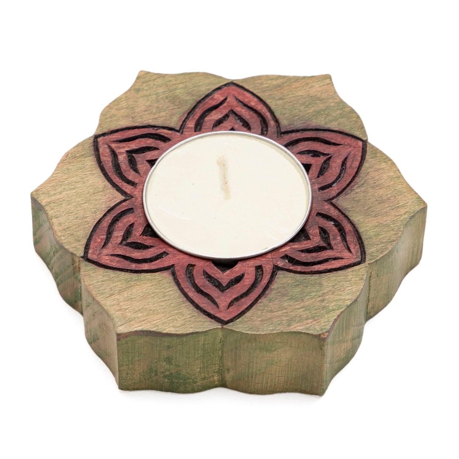 Block Carved Wood Stained T-light Holder Hexagon-3.6 inches x 3.6 inches x 0.6 inches / Steam Beech / Red & Green