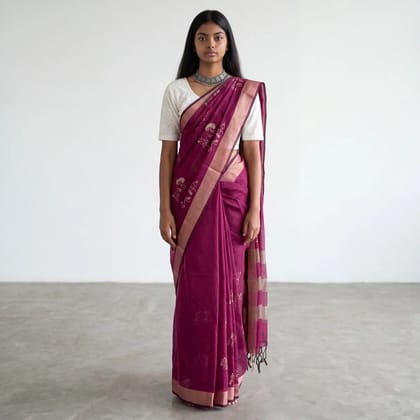 Saura Art Cotton Saree Wine Burgundy Tribal Figure Buti