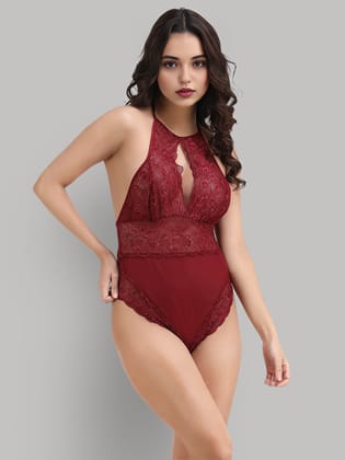 Overall Lace With Ardent Jewel Neck Teddies-M / Wine