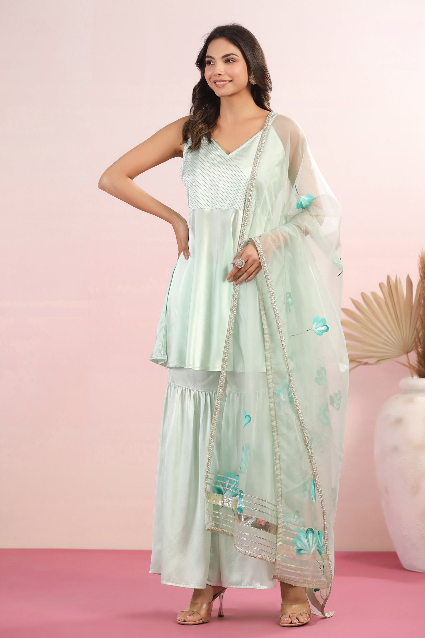 BLOSSOM GREEN HANDPAINTED SHARARA SET-S