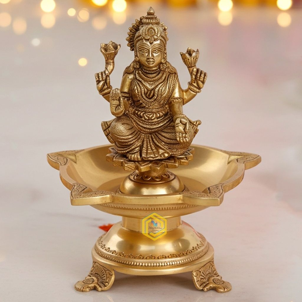 Brass Table Decor Laxmi Oil Lamp Deepak 6 Wicks - Traditional Puja Deepak for Wealth & Prosperity, Height : 8 Inch (BSMAS1181 A)