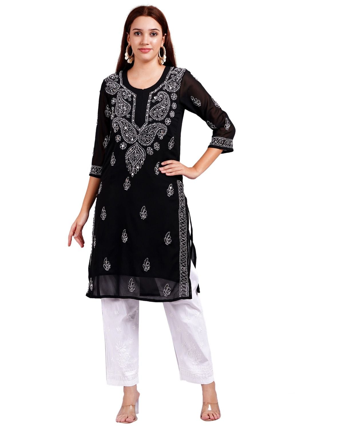 MRS RIGHT CHIKANKARI MIRROR EMBROIDERED BLACK KURTI WITH WHITE PANT SET FOR WOMEN AND GIRLS