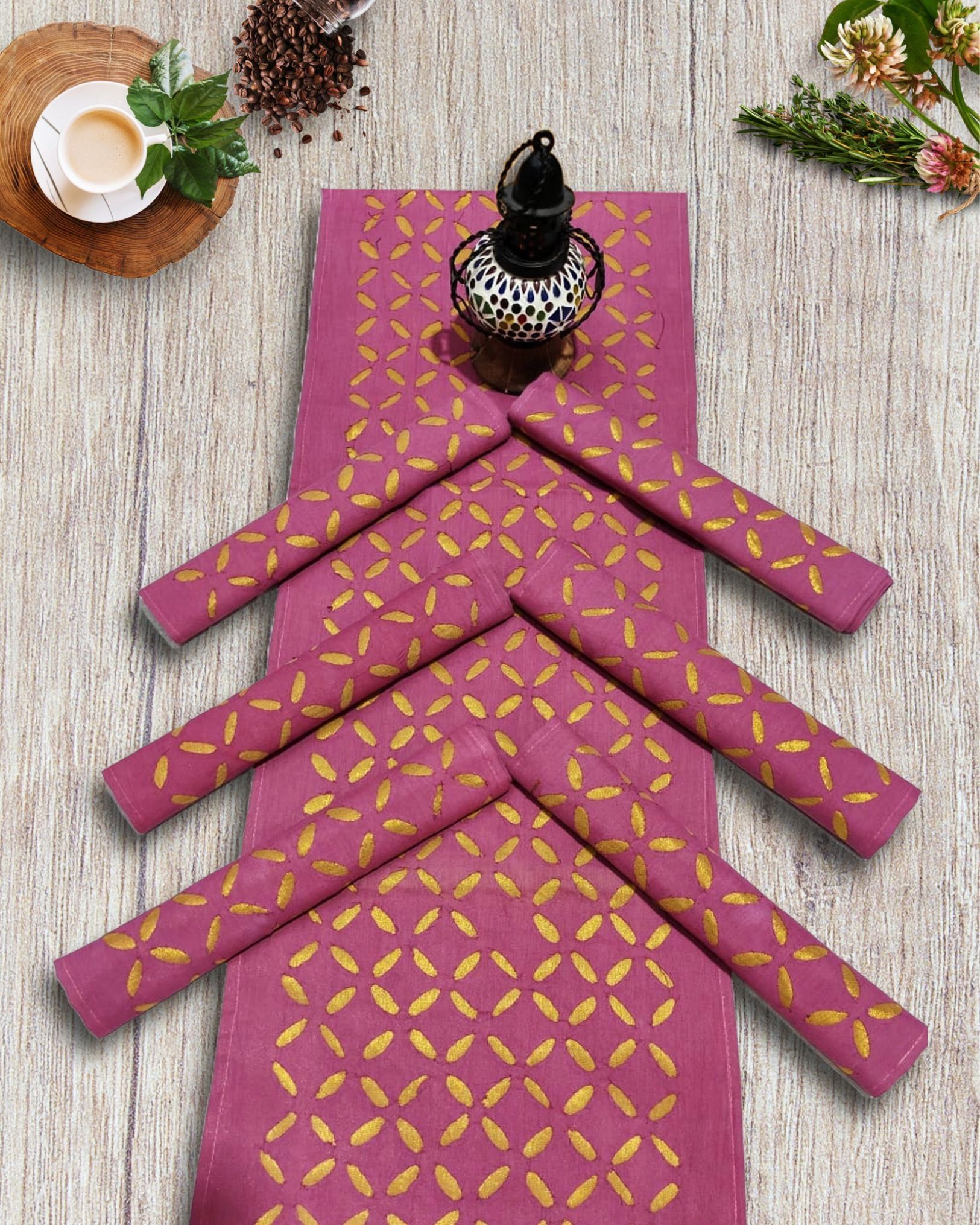 Blush Cotton Table Runner & Mats Applique Pink