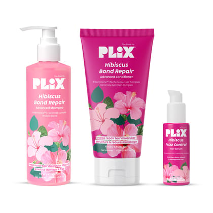 PLIX - THE PLANT FIX Hibiscus Frizz Control Hair Serum 50ml + Bond Repair Shampoo 200ml + Conditioner 175ml | Protects & Smoothes Frizzy Hair| 3x Strength with Fiberhance PLIX - THE PLANT FIX Hibiscus Frizz Control Hair Serum 50ml + Bond Repair Shampoo 2