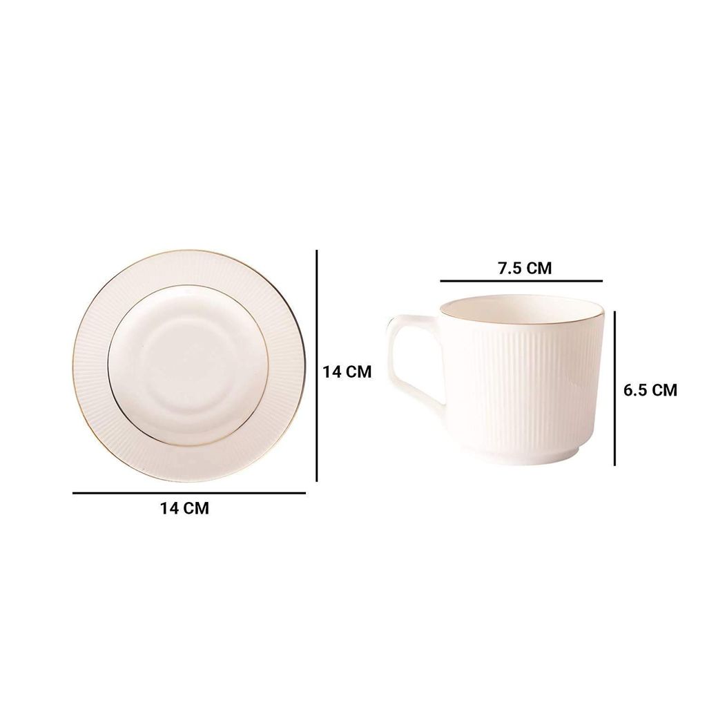 Femora Indian Ceramic Gold Line with Vertical Bar White Tea Cups, Mugs and Saucer-200 ml - Set of 6 (6 Cups, 6 Saucer)