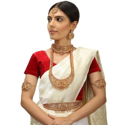 Set of 17 Gold-Plated Red Green Stones-Studded Bridal Jewellry