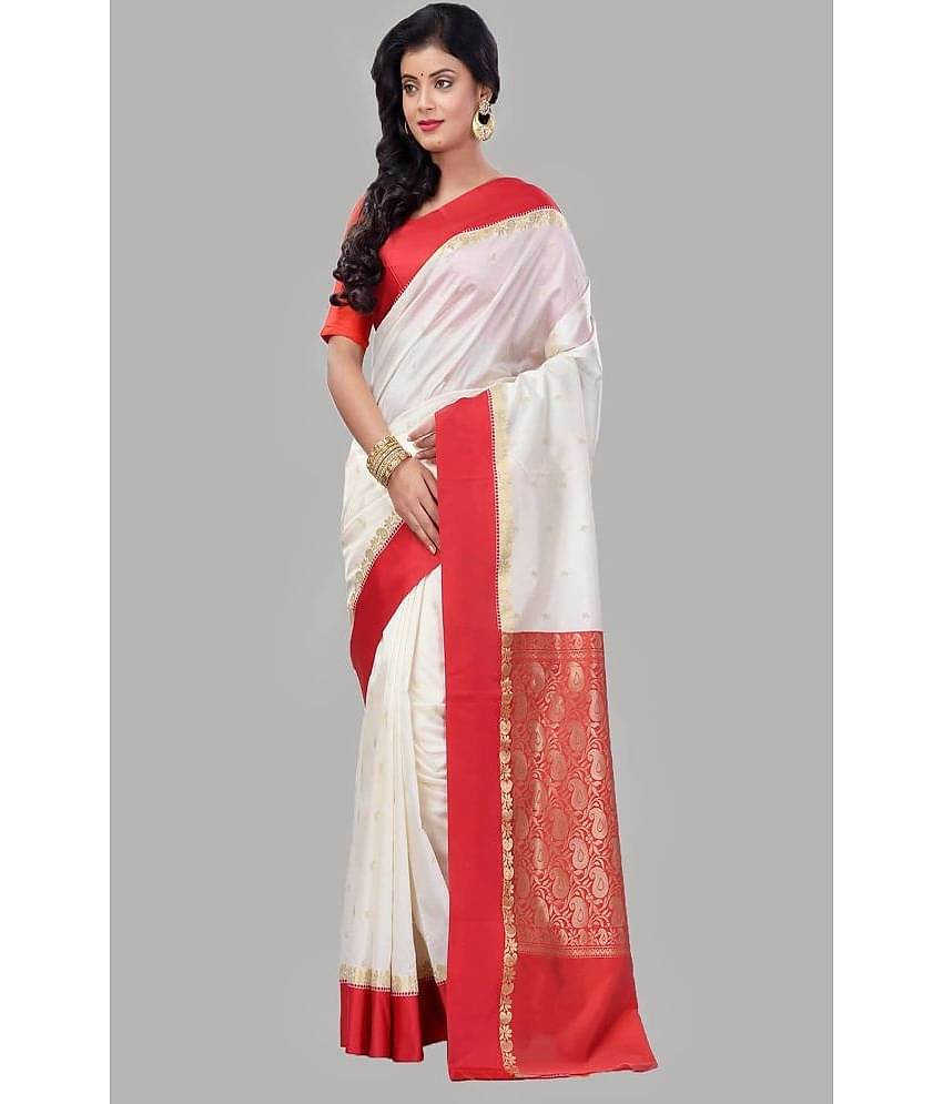 shopeezy tex fab Art Silk Embellished Saree With Unstitched Blouse Piece ( Off White )