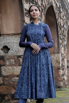 Jemin Indigo Cotton Hand Block Printed Pishwas Style Kurta Dress-M