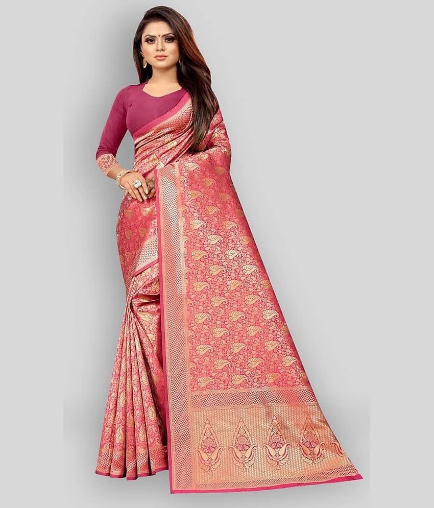 Gazal Fashions Banarasi Silk Printed Saree With Unstitched Blouse Piece ( Pink )
