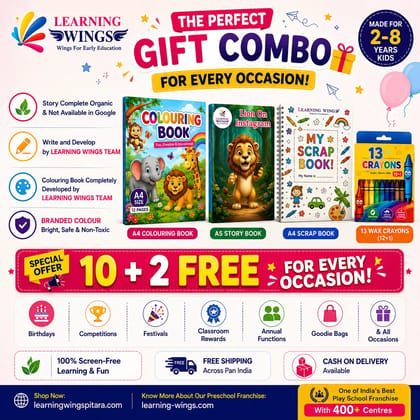 Creative Learning Gift Combo for Kids | Colouring Book + Story Book + Scrap Book + 13 Crayons | Best Return Gift 28 Yrs