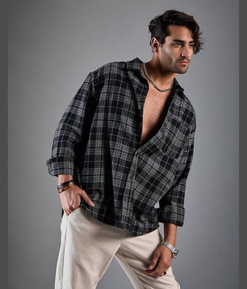Chimpaaanzee Cotton Blend Oversized Fit Checks Full Sleeves Men's Casual Shirt - Black ( Pack of 1 )