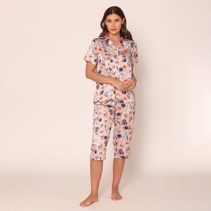 Women's Satin Floral Fantasy Night Suit Set of Shirt & Capri XL