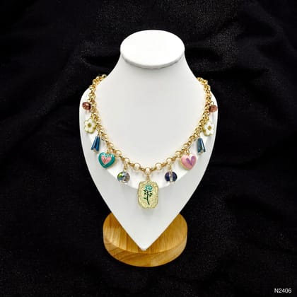 Heart Flower Charm Beads Enamel Multicolour 18K Gold Anti Tarnish Chain Necklace For Women
