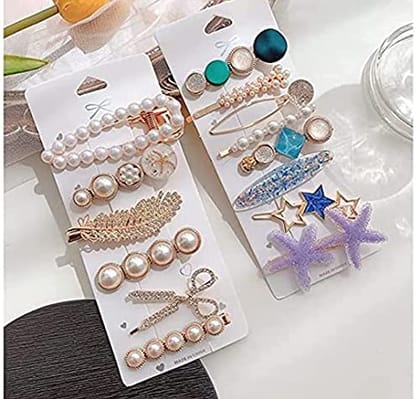 Aliza Korean Style Pearl Barrettes Women's Set Hairpin Korean Style Hair Clip Marble Alligator bobby pins Duckbilled Headdress Jewelry Hair Accessories set (13 Pcs)