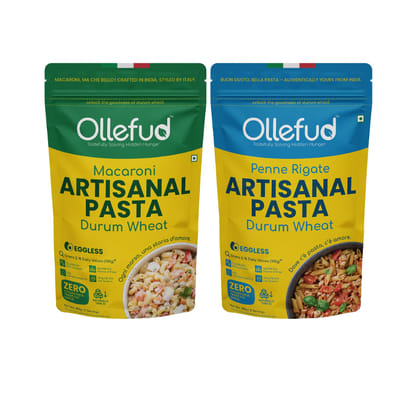 Ollefud Artisanal Pasta Combo | (Penne Pasta 450g + Macaroni Pasta 450g) | Durum Wheat | Bronze Cut | Pack of 2 | 900g