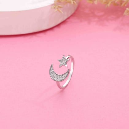 Minimalistic Moon & Star Silver Ring-White Stone / Silver / US 6 (16.5 mm Diameter)