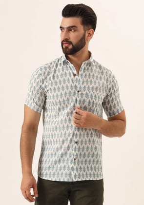 Sky Blue Geometric Pure Cotton Regular Fit Casual Shirt for Men-38