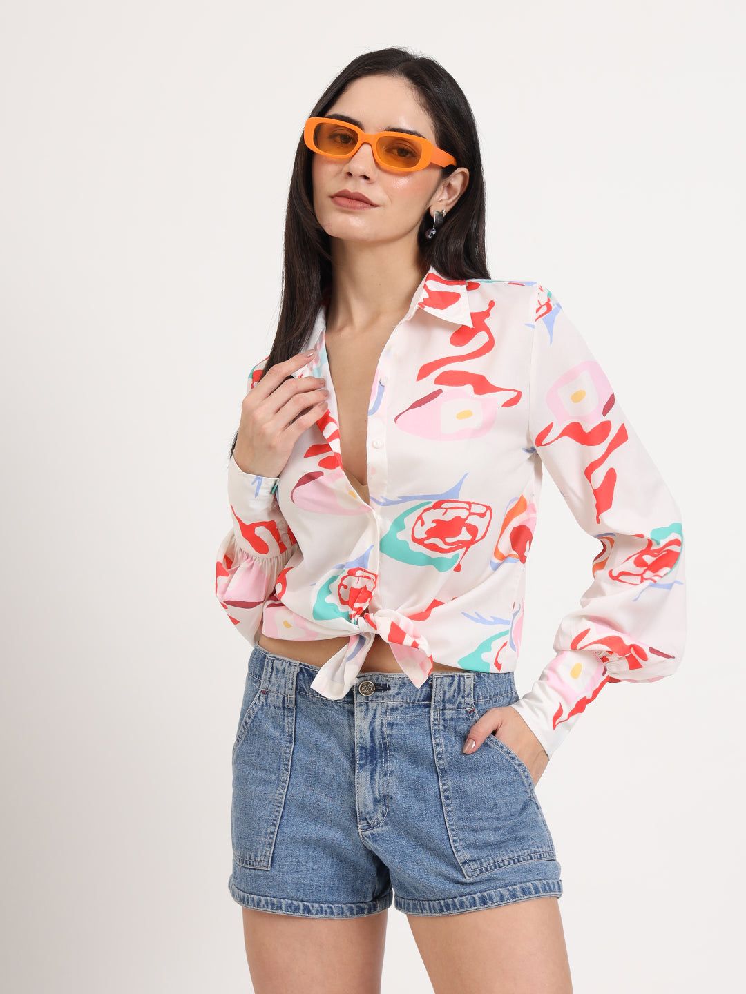 Women'S Premium American Crepe Multicolour Regular Length Straight Hem Digital Print Shirt-M