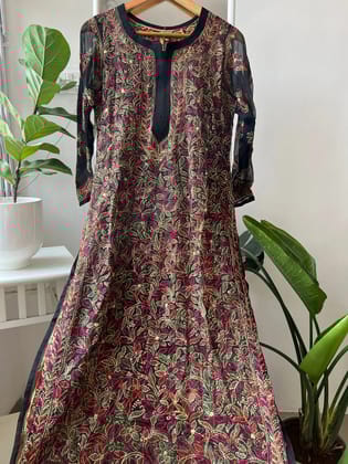 Chikankari Resham Full Jaal Kurti - Black Multi-Color-Black Multi-Color / Semi Georgette / S