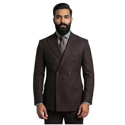 Men's Slim Fit Double-Breasted Blazer, Choclate Brown, Polyester Blend, Notch Lapel, Formal Style, Long Sleeve
