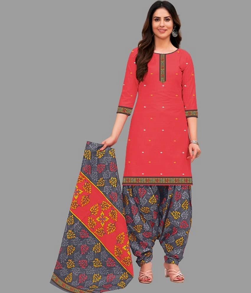 SIMMU Women Cotton Printed Straight Kurti With Patiala Salwar ( Red )