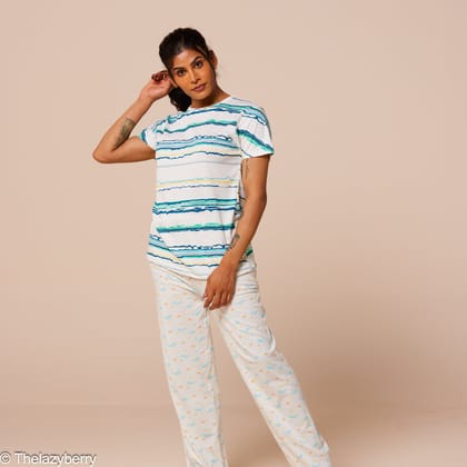White with aqua blue on off-white mix & match night dress-L