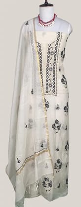 Chikankari Mul Chanderi Dress Material Ivory Black Floral Chikankari Mul Chanderi Dress Material Ivory Black Floral