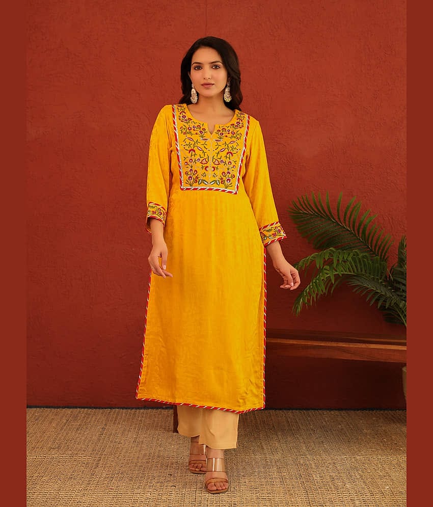 AMIRA'S INDIAN ETHNICWEAR Pack of 1 Rayon Embroidered Straight Women's Kurti - ( Mustard )