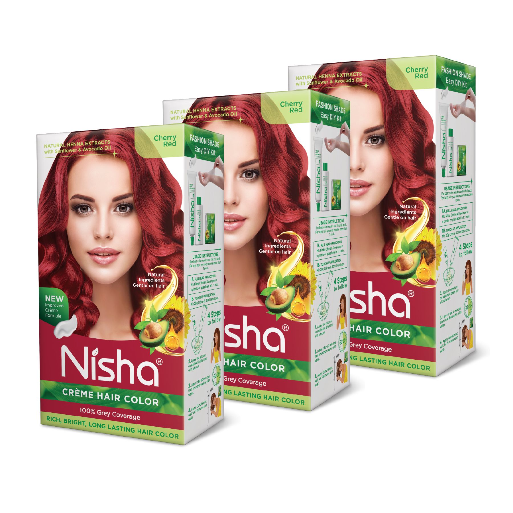 Nisha Creme Hair Color Cherry Red 120g Pack of 3, Permanent Hair Colour, 100% Grey Coverage, Long Lasting Hair Colour