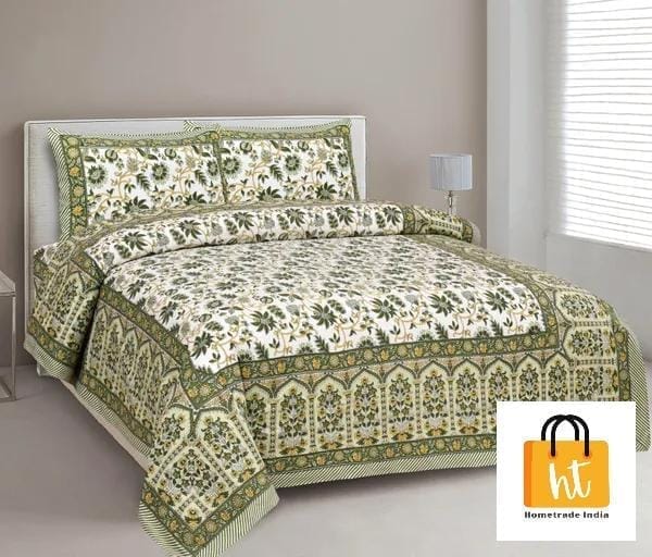 3001-Hometrade India-Standard King Size (90*108 Inches)-Pure Cotton Jaipuri Double Bedsheet With Matching Pillow Cover