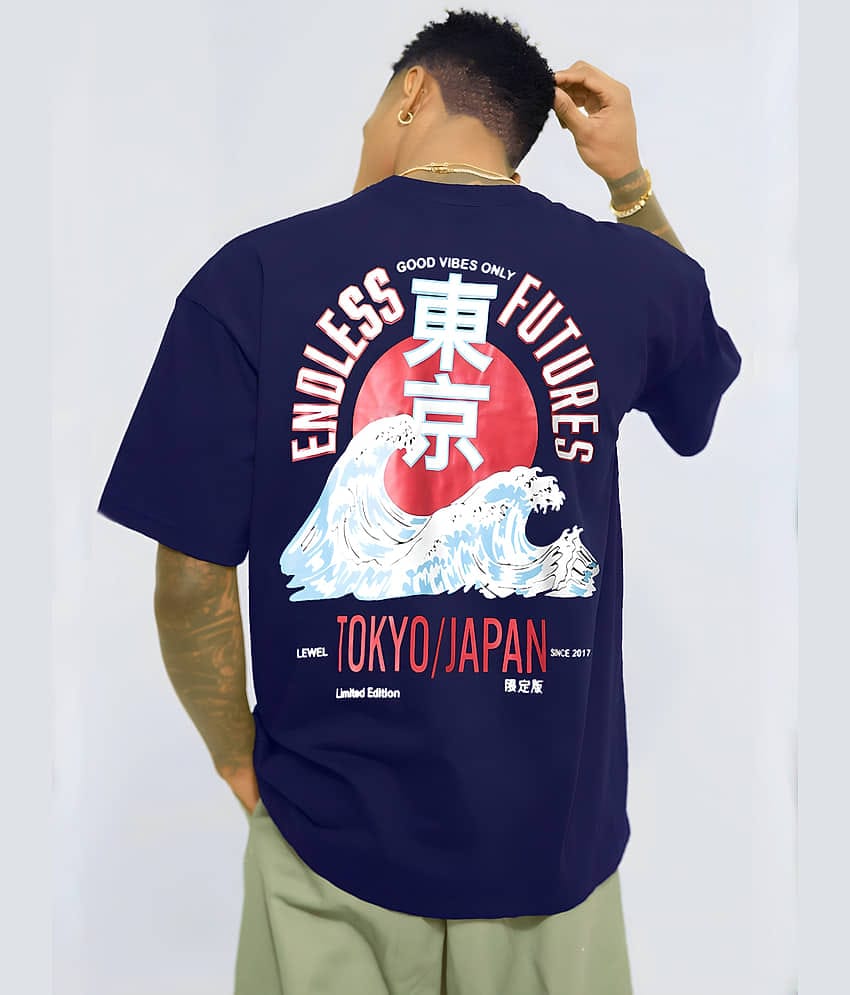 LEWEL Cotton Blend Oversized Fit Printed 3/4th Sleeves Men's Round T-Shirt - Navy Blue ( Pack of 1 )